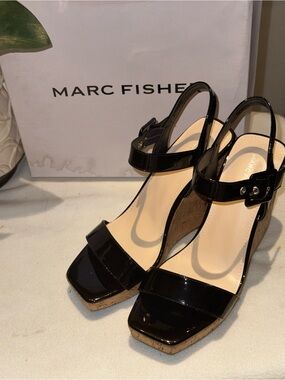 Marc Fisher Black Patent Cork Platform Wedge Sandals